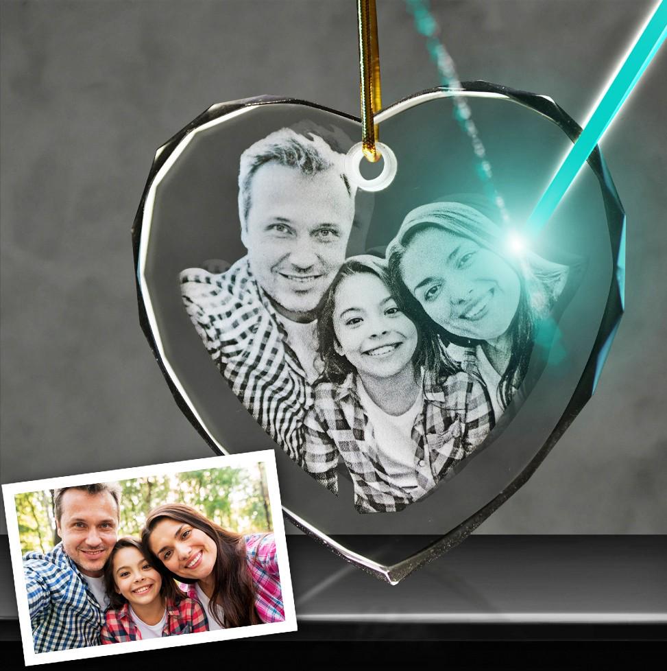 2D Photo Crystal Heart Shaped Ornament Engraved w/ your photo Personalized Gift, Mother's Day, Father's Day, Valentine's, Mom Dad, Christmas