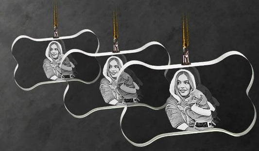 2D Photo Crystal Dog Bone Shaped Ornament Engraved w/ your photo Personalized Gift, Mother's Day, Father's Day,  Mom Dad Christmas
