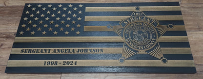 Distressed American Wood Flag Police Officer Badge Patch Law Enforcement Memorial Retirement, Plaque, Sheriff Deputy, 24"x11 1/4"x 3/4"