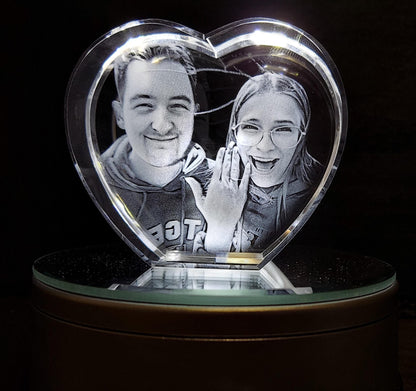 Heart Shaped 3D Crystal Engraved Photo | Personalized & Custom Heart Crystal | LED Base optional | Love Keepsake l Memorial l Father's Day