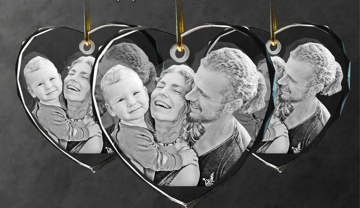 2D Photo Crystal Heart Shaped Ornament Engraved w/ your photo Personalized Gift, Mother's Day, Father's Day, Valentine's, Mom Dad, Christmas