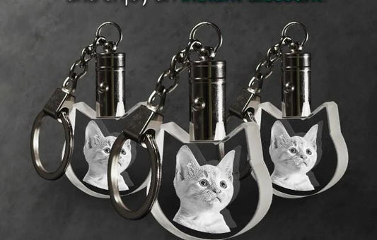 3D Photo Crystal Cat Keychain Engraved with your photo Personalized Gift, Mother's Day, Father's Day, Valentine's, Mom, Dad, Wife, Pet