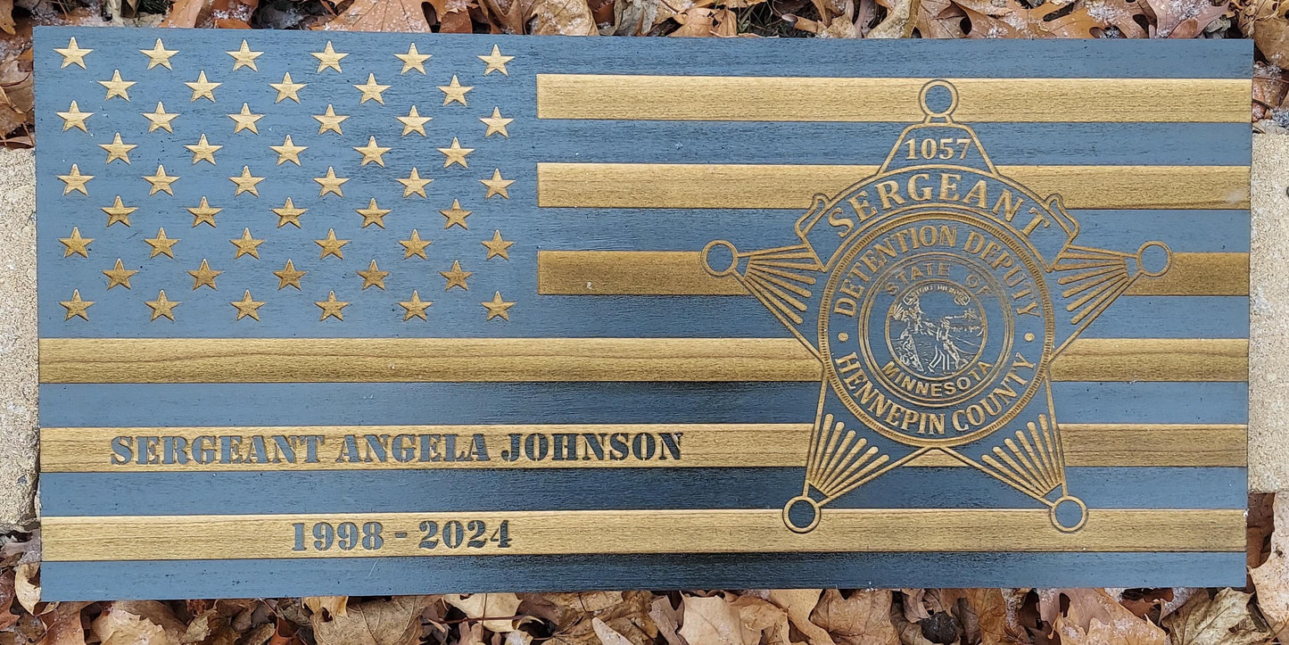 Distressed American Wood Flag Police Officer Badge Patch Law Enforcement Memorial Retirement, Plaque, Sheriff Deputy, 24"x11 1/4"x 3/4"