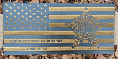 Distressed American Wood Flag Police Officer Badge Patch Law Enforcement Memorial Retirement, Plaque, Sheriff Deputy, 24"x11 1/4"x 3/4"
