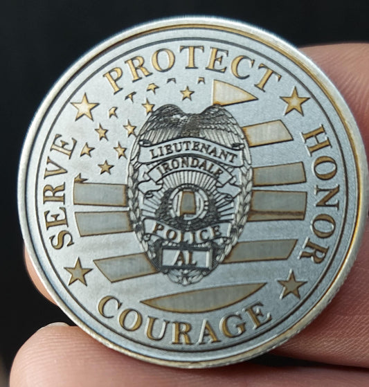 Custom laser engraved brass / stainless steel challenge coin - Police, Deputy Sheriff, Trooper, Officer, Law Enforcement, EOW, Retirement