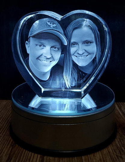 Heart Shaped 3D Crystal Engraved Photo | Personalized & Custom Heart Crystal | LED Base optional | Love Keepsake l Memorial l Father's Day