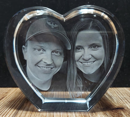 Heart Shaped 3D Crystal Engraved Photo | Personalized & Custom Heart Crystal | LED Base optional | Love Keepsake l Memorial l Father's Day