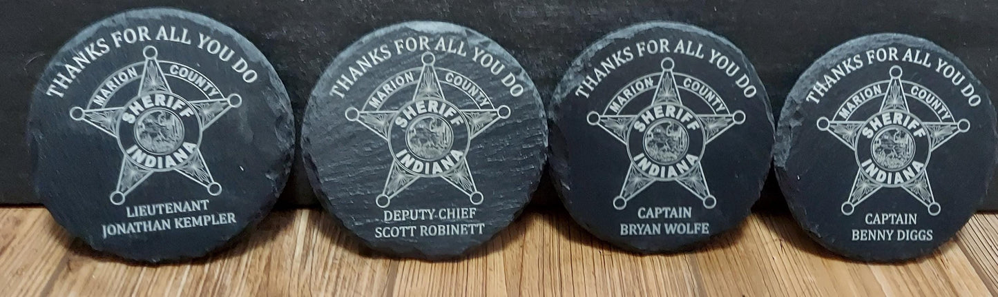 Custom Police Officer Law Enforcement laser engraved slate round coaster set - Police, Trooper, Officer, Deputy. Sheriff - (Set of 4)