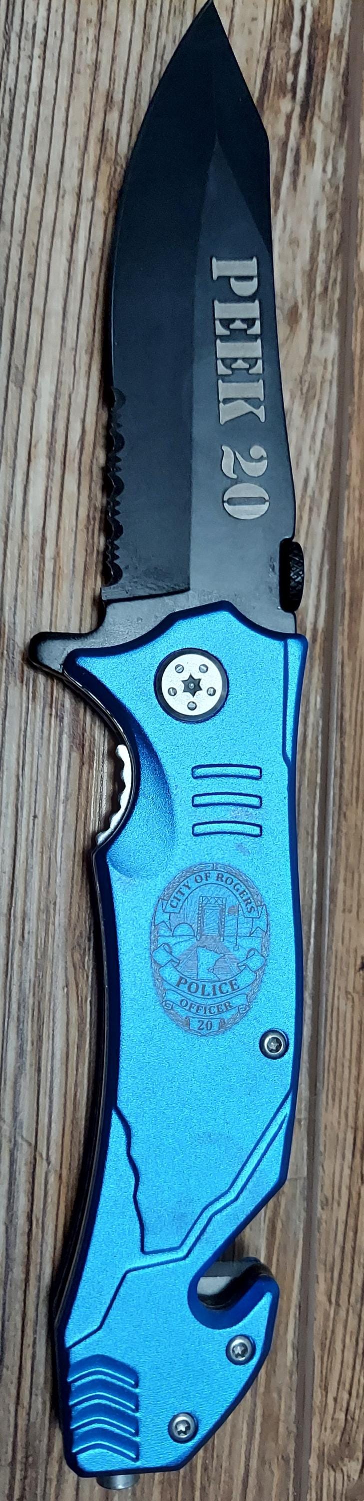 Laser Engraved Bison River Knife - Flag Police Officer Badge Patch Law Enforcement Sheriff Deputy 4 1/2" Rescue Knife