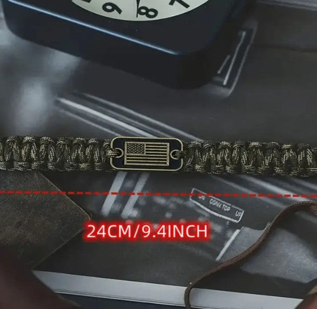 Camouflage Woven Survival Bracelet with American Flag Bar Pendant