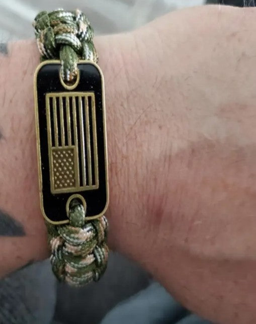Camouflage Woven Survival Bracelet with American Flag Bar Pendant