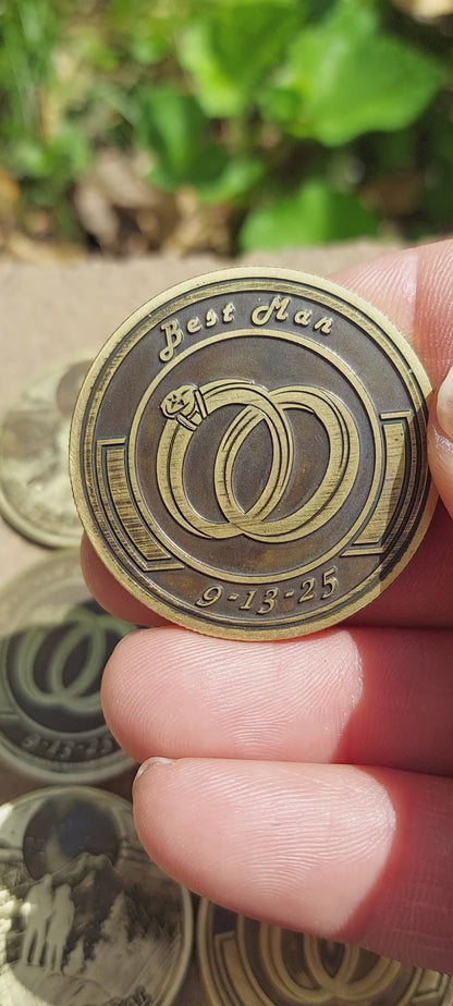 Engraved Wedding Brass Coin with Wedding Bands | Wedding Favor Coin | Anniversary Gift | Wedding Gift