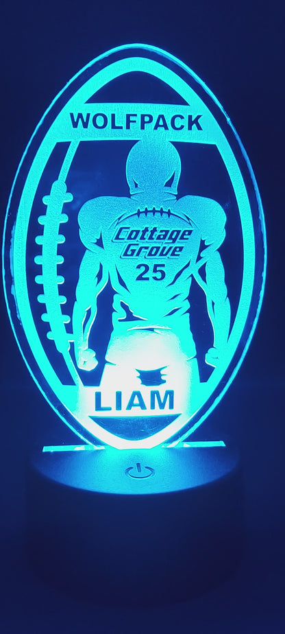 Football Player and Football Acrylic Engraved Sign with LED Base | 16 Color Changing LEDs | Customized Engraved Acrylic Sign - Player Name