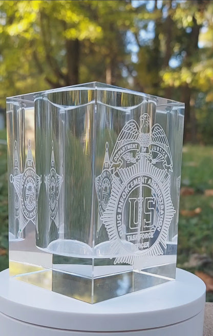 Custom Engraved Optic Crystal Pen/Pencil Holder - Personalized, Police, Law Enforcement, Firefighter, Business Logo, Text