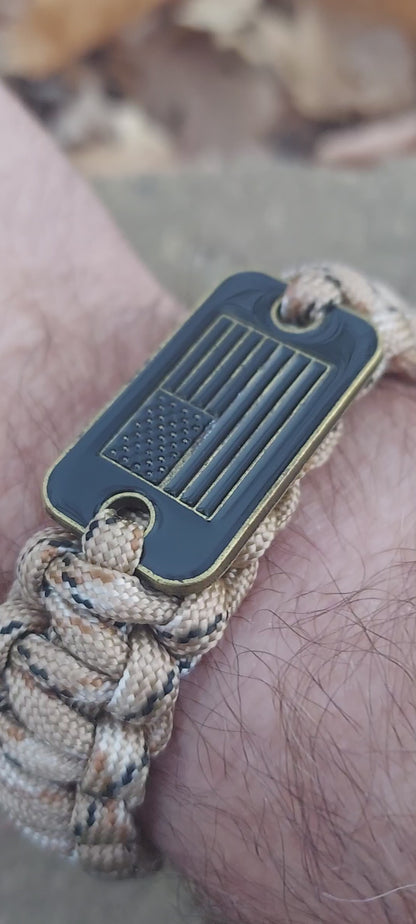 Camouflage Woven Survival Bracelet with American Flag Bar Pendant