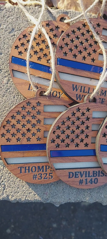 Blue Line First Responders Double Layered Ornament | Custom Wooden Ornament | Police - American Flag Christmas Tree Decor