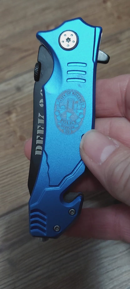 Laser Engraved Bison River Knife - Flag Police Officer Badge Patch Law Enforcement Sheriff Deputy 4 1/2" Rescue Knife