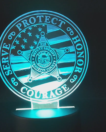 Police Badge Acrylic lighted plaque, US Flag, Police Gift lighted plaque / Night Light, Law Enforcement, Sheriff, Trooper, Remote Control