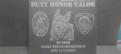 Custom designed Law Enforcement K9 laser engraved slate 12x10 memorial or retirement plaque - Police K9, K9 Memorial Plaque, K9 Retirement