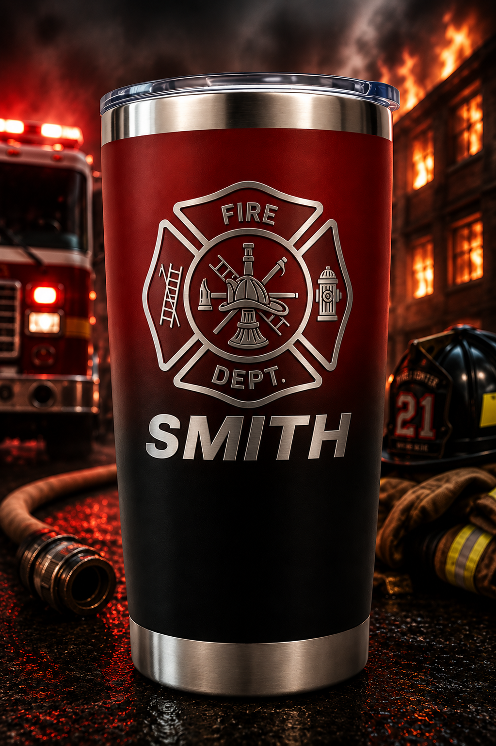 Custom laser engraved 20oz Red and Black tumbler - Firefighter, Fireman, Fire Department, First Responder - with magnetic lid