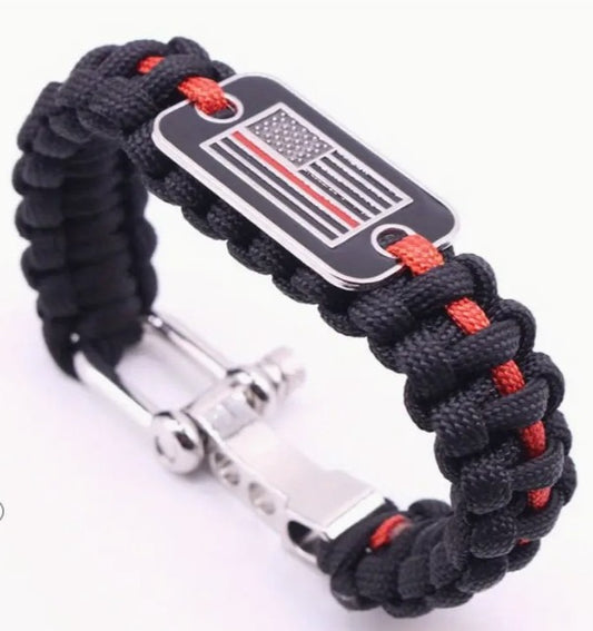 Thin Red Line Paracord Bracelet - Firefighter Paracord Survival Bracelet - American Flag Emblem - Adjustable Zinc Alloy Buckle