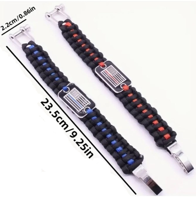 Thin Red Line Paracord Bracelet - Firefighter Paracord Survival Bracelet - American Flag Emblem - Adjustable Zinc Alloy Buckle