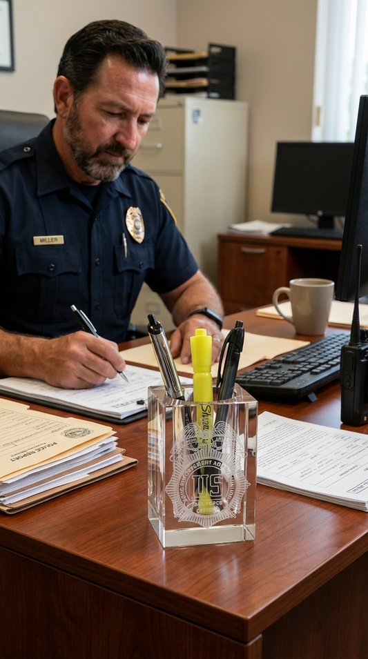 Custom Engraved Optic Crystal Pen/Pencil Holder - Personalized, Police, Law Enforcement, Firefighter, Business Logo, Text