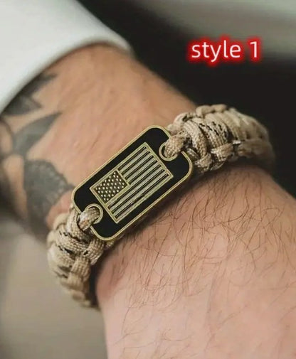 Camouflage Woven Survival Bracelet with American Flag Bar Pendant
