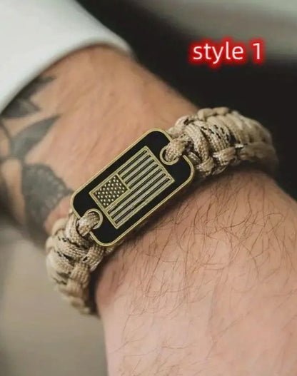 Camouflage Woven Survival Bracelet with American Flag Bar Pendant