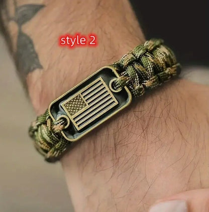 Camouflage Woven Survival Bracelet with American Flag Bar Pendant